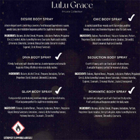Lulu Grace 4 x 75ml Body Spray Value Pack. 4 Delightful & Tempting Scents Chic, Romantic, Diva, Glam images 0