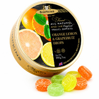 Simpkins Orange Lemon and Grapefruit Drops 200g Tin Sweets Candy Lollies images 1