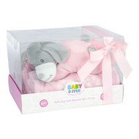 Baby & Me Soft Lying Dog 23cm & Blanket 90 x 75cm Plush Toy Gift Set Pink
