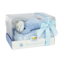 Baby & Me Soft Lying Dog 23cm & Blanket 90 x 75cm Plush Toy Gift Set Blue