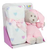 Baby & Me Bear with Hat 25cm & Blanket 90 x 75cm Plush Toy Gift Set Pink