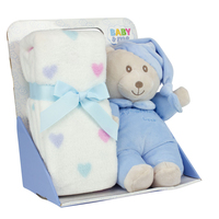 Baby & Me Bear with Hat 25cm & Blanket 90 x 75cm Plush Toy Gift Set Blue