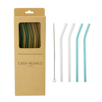 Glass Straws Green Reusable 22.5cm Pack Of 4 With Cleaning Brush