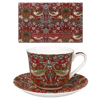 Strawberry Thief Breakfast Cup and Saucer Red Fine Bone China
