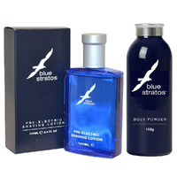 Blue Stratos Pre Electric Aftershave Lotion & Talc Free Body Powder Set