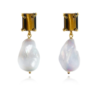 Culturesse Carlotta 24K Baroque Pearl Drop Earrings (Tiger Eye)