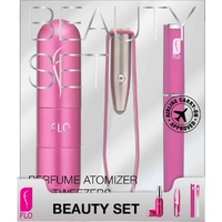 Flo Beauty Set 3 Piece Set Refillable Atomizer LED Tweezers Crystal Nail File