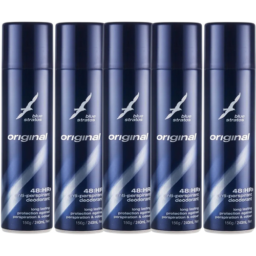 Blue Stratos Deodorant Body Spray 150g 5 Pack Long Lasting Anti Perspirant