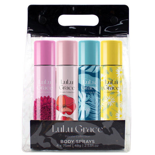 Lulu Grace 4 x 75ml Body Spray Value Pack. 4 Delightful & Tempting Scents Chic, Romantic, Diva, Glam