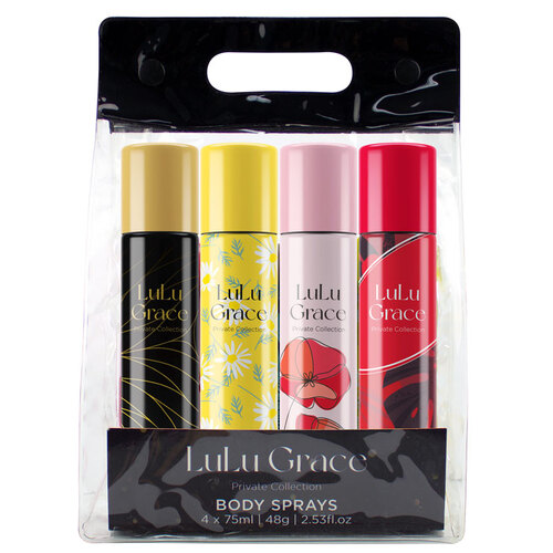 Lulu Grace 4 x 75ml Body Spray Value Pack. 4 Delightful & Tempting Scents Chic, Desire, Seductive, Glam