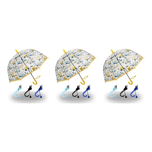 Kids Clear Dome Umbrella Construction Vehicles Print - Random Colour Supplied Pack of 3