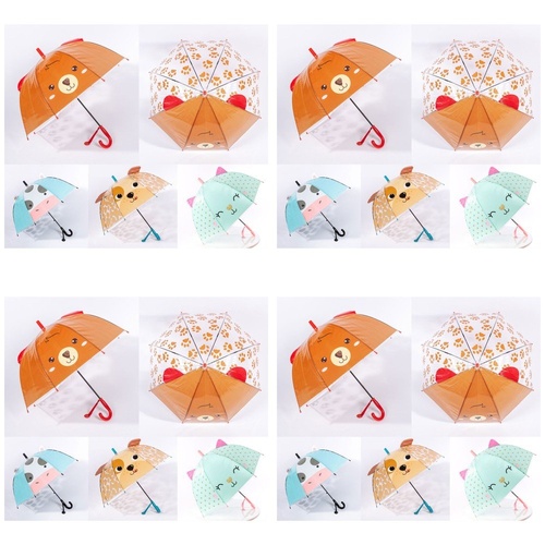 Kids Dome Umbrella Animal Face with 3D Ears Assorted - Random Design and Colour Supplied Pack of 4