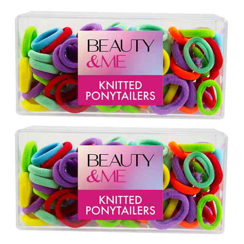 Beauty & Me 2 x 100 Pack Knitted Ponytailers Rainbow No Snag Hair Ties