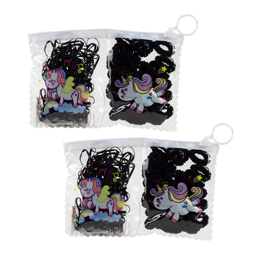 Elastic Hair Bands 140 Pack  Black Styles in Unicorn Zip Travel Pouch x 2