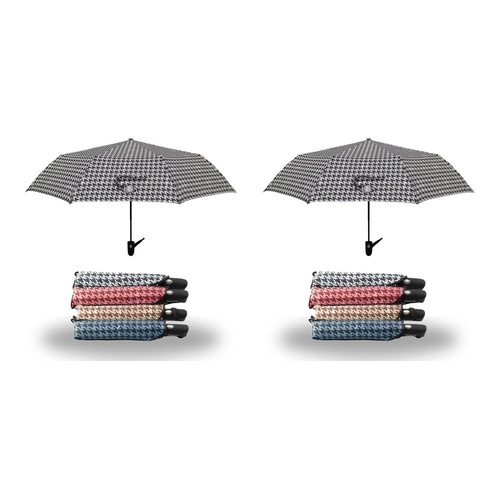 Compact Folding Umbrella Houndstooth Print Push Button Assorted Colours - Random Colour Supplied Pack of 2