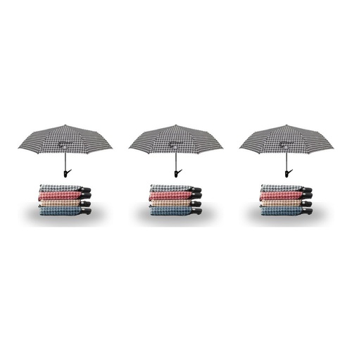 Compact Folding Umbrella Houndstooth Print Push Button Assorted Colours - Random Colour Supplied Pack of 3