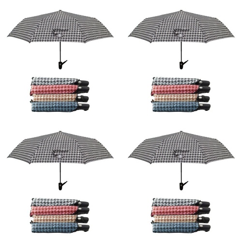 Compact Folding Umbrella Houndstooth Print Push Button Assorted Colours - Random Colour Supplied Pack of 4