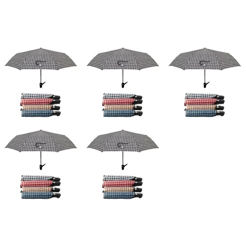 Compact Folding Umbrella Houndstooth Print Push Button Assorted Colours - Random Colour Supplied Pack of 5