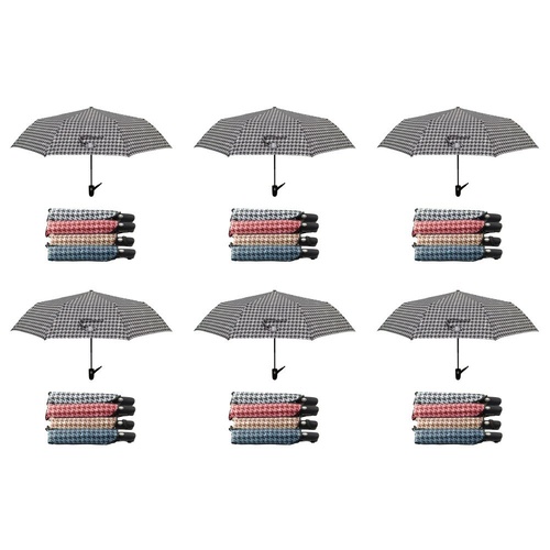 Compact Folding Umbrella Houndstooth Print Push Button Assorted Colours - Random Colour Supplied Pack of 6