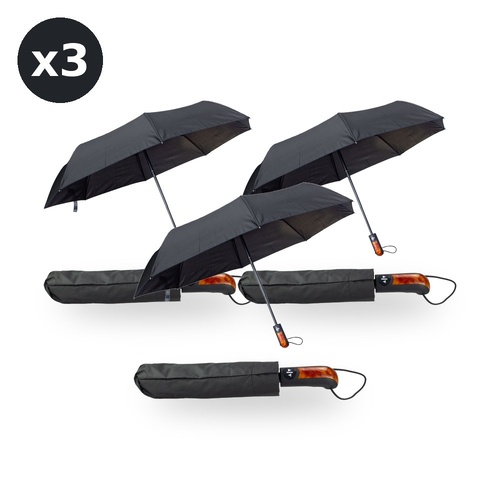 Black Travel Umbrella Auto Open & Close Straight Handle Wind Resistant Pack of 3