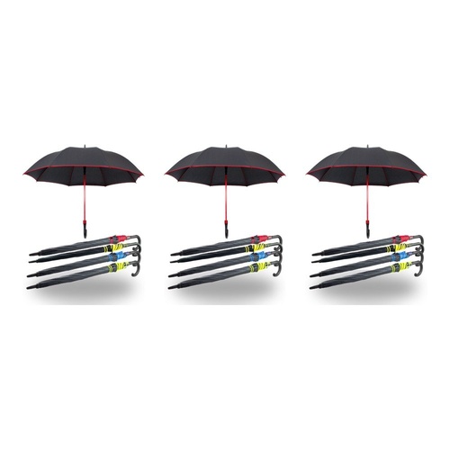 Long Black Umbrella U Shaped Handle Coloured Trim Assorted Colours - Random Colour Supplied Pack of 3
