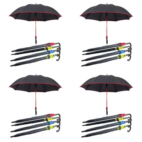 Long Black Umbrella U Shaped Handle Coloured Trim Assorted Colours - Random Colour Supplied Pack of 4