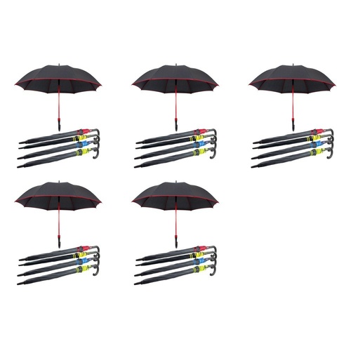 Long Black Umbrella U Shaped Handle Coloured Trim Assorted Colours - Random Colour Supplied Pack of 5