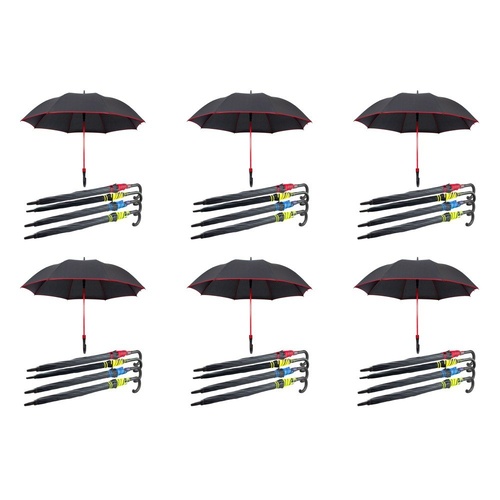 Long Black Umbrella U Shaped Handle Coloured Trim Assorted Colours - Random Colour Supplied Pack of 6