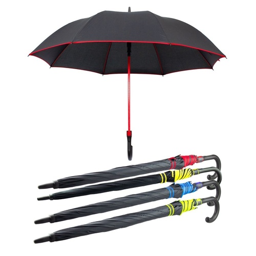 Long Black Umbrella U Shaped Handle Coloured Trim Assorted Colours - Random Colour Supplied