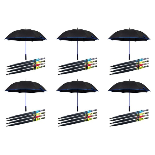 Long Black Umbrella Straight Handle Coloured Trim Assorted Colours - Random Colour Supplied Pack of 6
