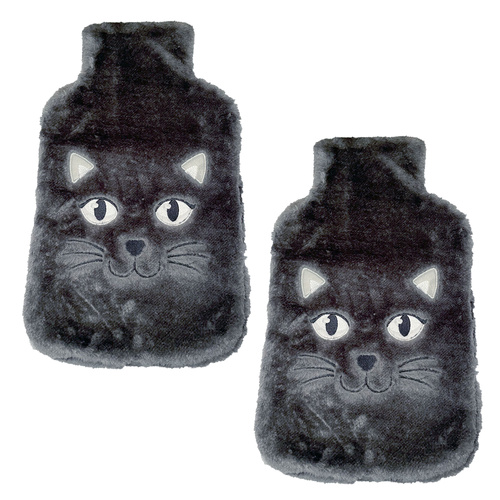 Black Cat Hot Water Bottle Cover Plush Velcro Fit Standard Size Pack of 2