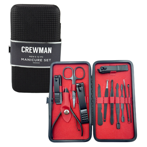 Crewman MenÕs Manicure Set 12pc Grooming Kit in Black & Red Travel Case