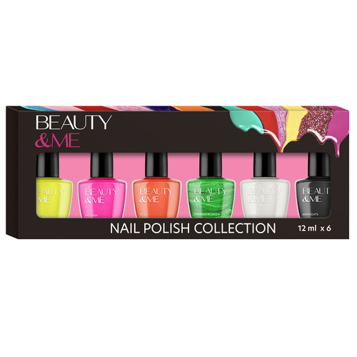Beauty & Me 6pc Fluro Nail Polish Set Assorted Neon Colours 12ml Each
