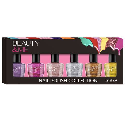 Beauty & Me 6pc Metallic Nail Polish Set Shimmer Colours 12ml Each