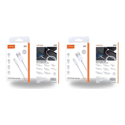 USB-A to Lightning Fast Charging Cable 3A 1m White Pack of 2