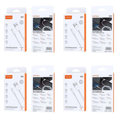 USB-A to Lightning Fast Charging Cable 3A 1m White Pack of 4