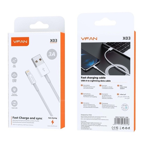 USB-A to Lightning Fast Charging Cable 3A 1m White