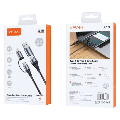 4 in 1 Multi Charging Cable USB-A and USB-C to USB-C and Lightning PD 60W 1.2m Black