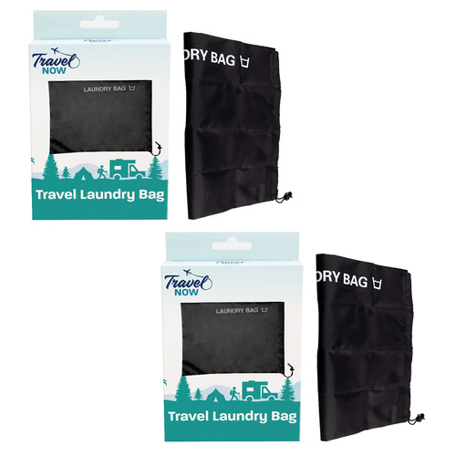 Travel Now Drawstring Laundry Bag x2 Lightweight Foldable Black Travel Sack