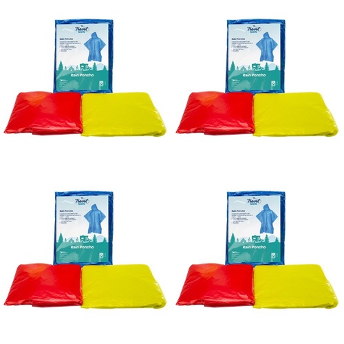 Travel Now Rain Poncho Hooded Reusable One Size - Random Colour Supplied Pack of 4
