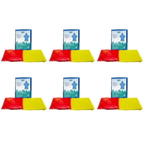 Travel Now Rain Poncho Hooded Reusable One Size - Random Colour Supplied Pack of 6