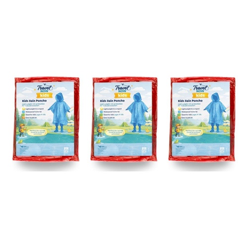 Travel Now Kids Rain Poncho Hooded Ages 4-10 - Random Colour Supplied Pack of 3