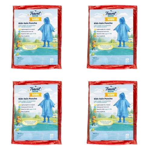 Travel Now Kids Rain Poncho Hooded Ages 4-10 - Random Colour Supplied Pack of 4