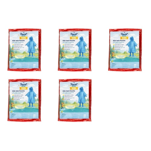 Travel Now Kids Rain Poncho Hooded Ages 4-10 - Random Colour Supplied Pack of 5