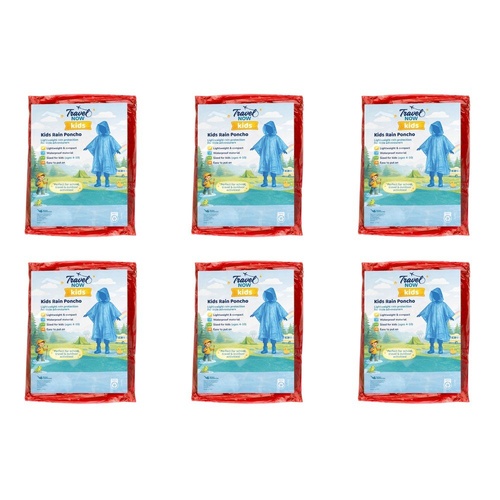 Travel Now Kids Rain Poncho Hooded Ages 4-10 - Random Colour Supplied Pack of 6