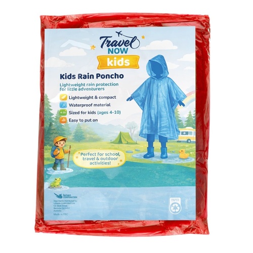 Travel Now Kids Rain Poncho Hooded Ages 4-10 - Random Colour Supplied