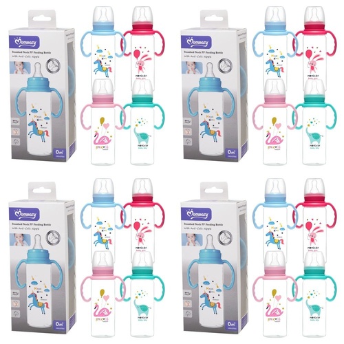 Momeasy Standard Neck Baby Feeding Bottle 240mL with Handles 0m+ - Random Design and Colour Supplied Pack of 4