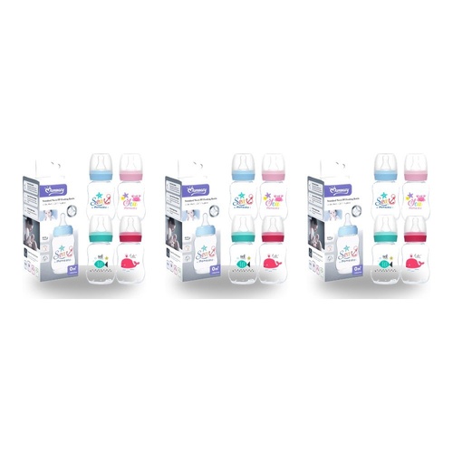 Momeasy Standard Neck Baby Feeding Bottle 120mL Anti-Colic 0m+ - Random Design and Colour Supplied Pack of 3