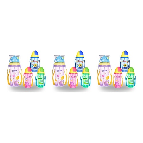 Momeasy Kids Water Bottle 450mL with Straw and Strap - Random Design and Colour Supplied Pack of 3