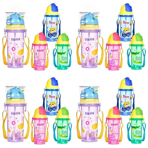 Momeasy Kids Water Bottle 450mL with Straw and Strap - Random Design and Colour Supplied Pack of 4